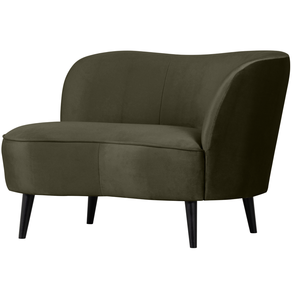 Sara lounge armchair right velvet warm green, angled front view