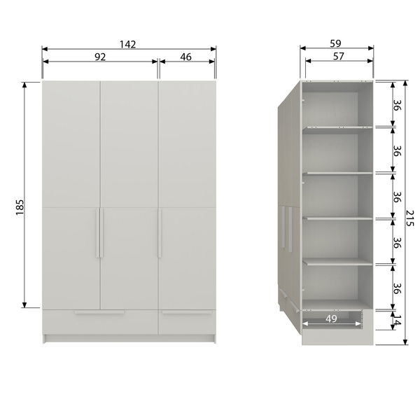 Pure 3-doors wardrobe splitdoor pine dust, dimension drawing