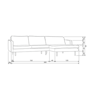 Rodeo chaise longue rechts ecoleer cognac, maattekening