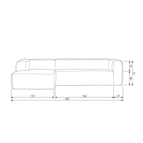 Bean corner sofa incl. cushions light grey melange, dimension drawing