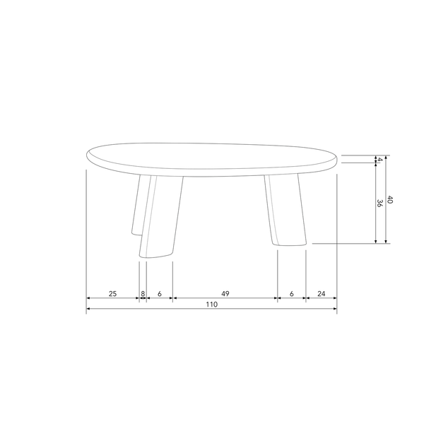 Roundly coffee table mango wood walnut, dimension drawing