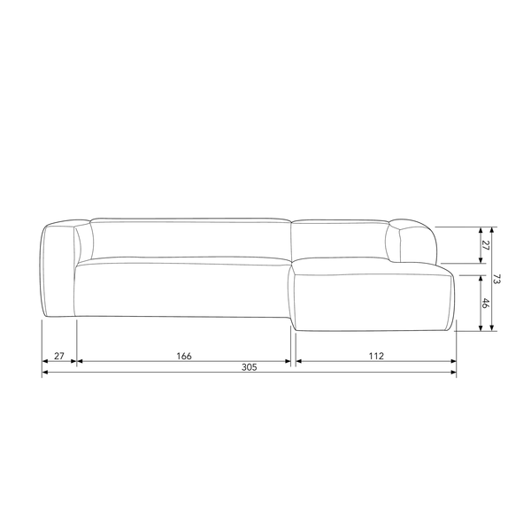 Bean corner sofa right ecoleather black, dimension drawing