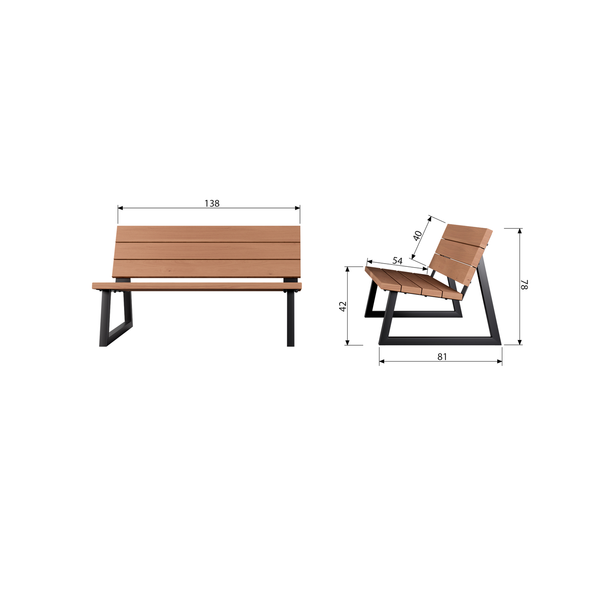 Banco outdoor garden bench wood/metal natural, dimension drawing