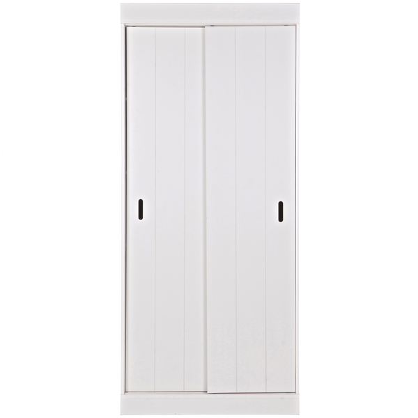 Row cabinet shelves sliding doors, front view