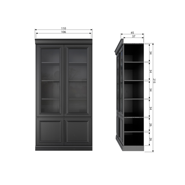Organize glass-door display case 44 cm pine matt black, dimension drawing