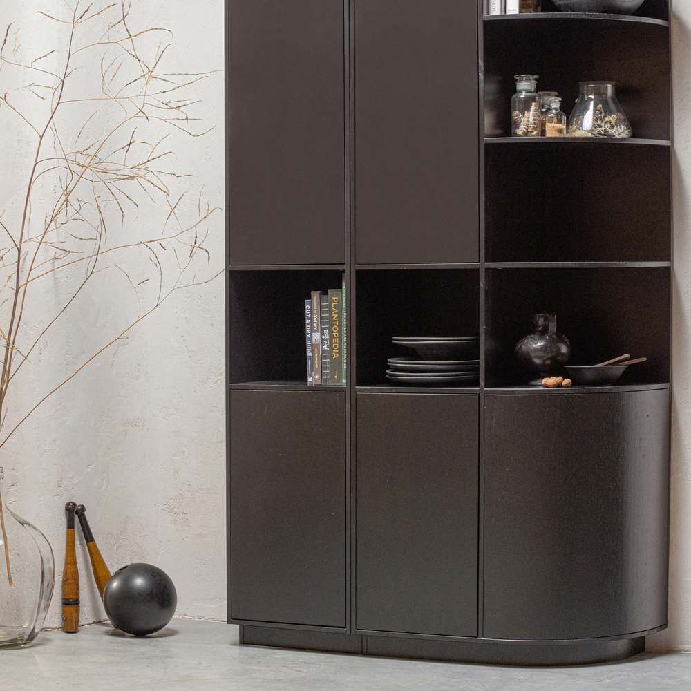 Finca storage cabinet round right 78 cm pine deep black, room setting