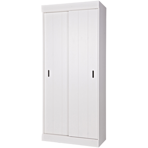 Row cabinet shelves sliding doors, angled front view