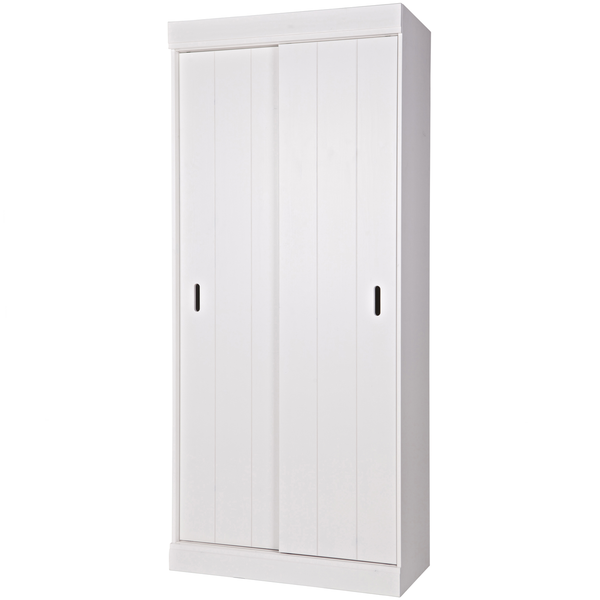 Row cabinet shelves sliding doors, angled front view